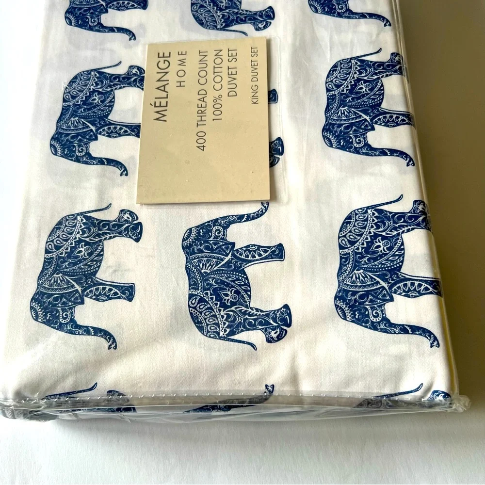 MELANGE HOME ELEPHANT PRINT 400 TC DUVET COVER AND 2 SHAMS NAVY/WHITE NWT